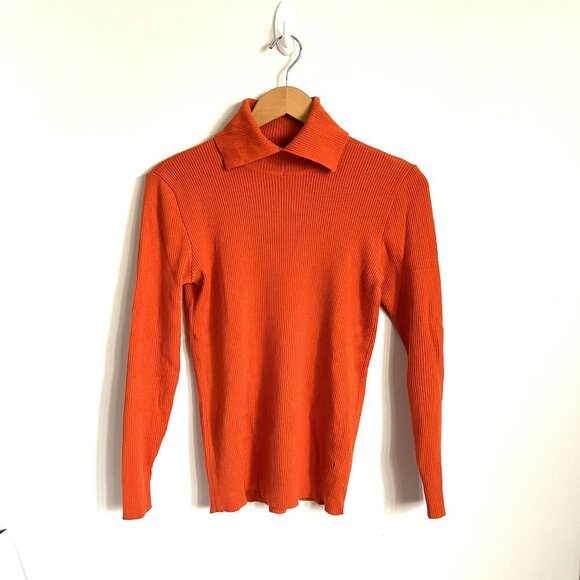 VTG 100% Wool Ribbed Johnny Collar Mock Neck Orange Hiking Base Layer w flaws - Picture 4 of 13